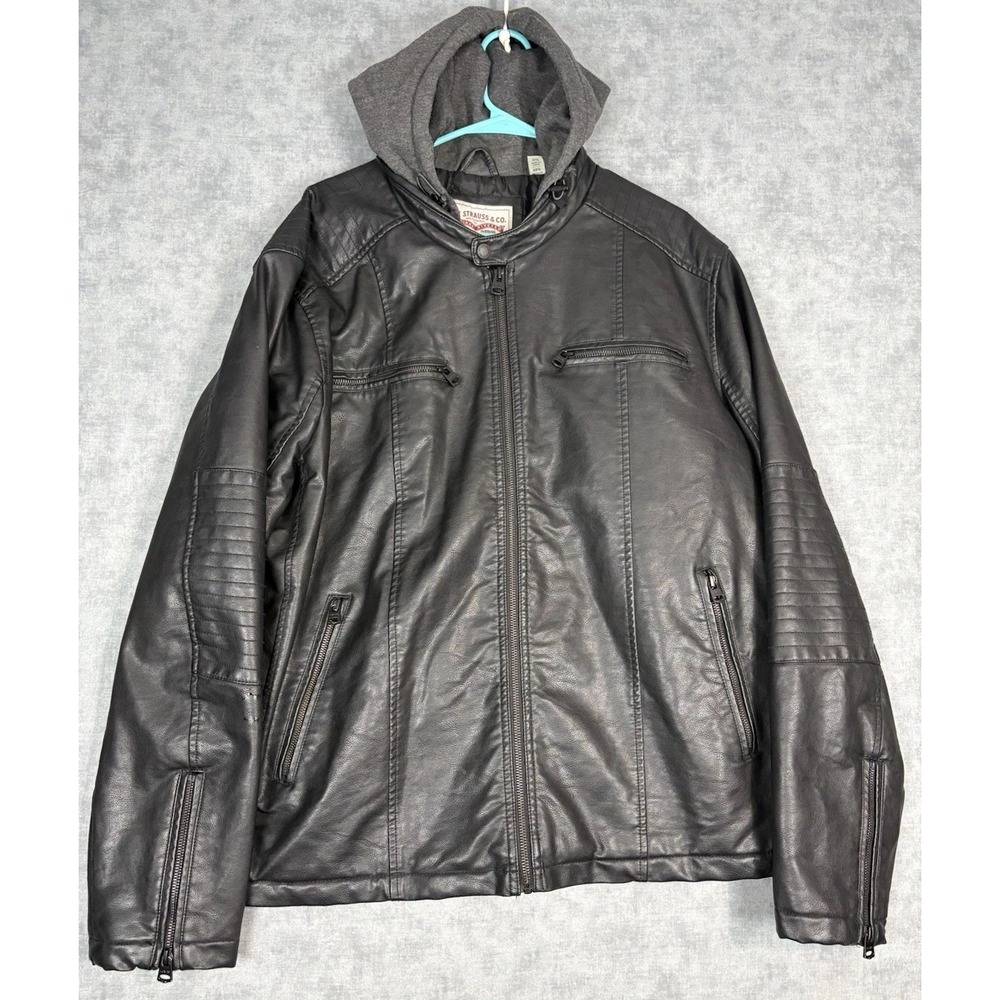 Levi's Mens XXL Black Faux Leather Hooded Moto Racer Jacket Quilted Lined